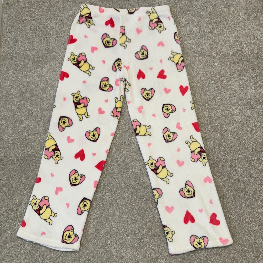 Disney Winnie the Pooh Plush Fleece Pajama Pants White Hearts Womens Large - Picture 4 of 4